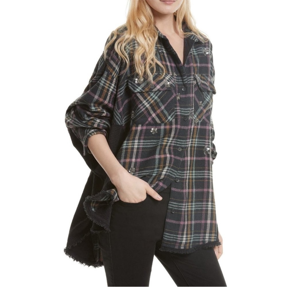 {S} Free People Constellations Within Flannel Oversized Plaid Button-Up